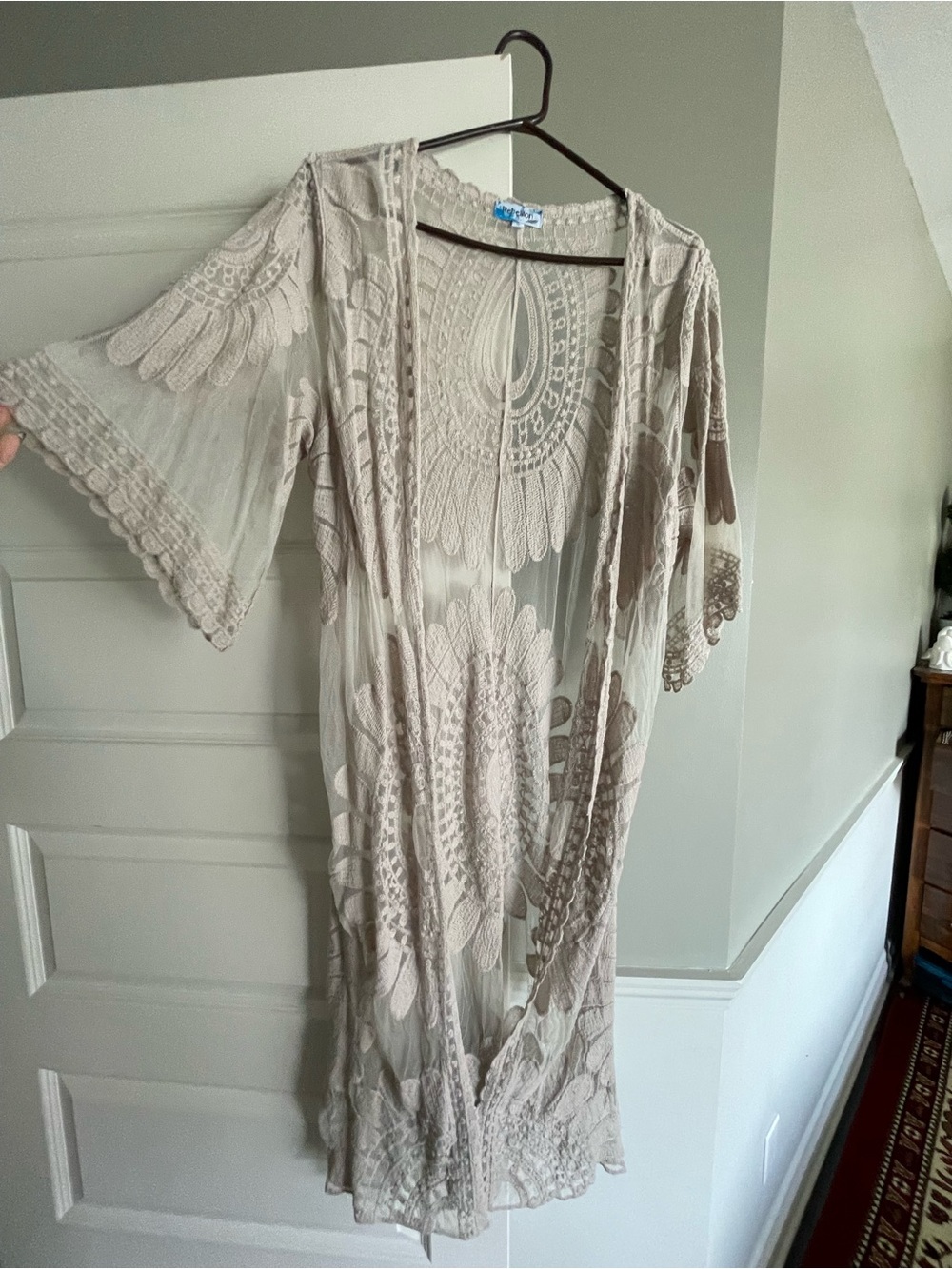 Sheer Crochet Kimono Cover-Up in Light Taupe